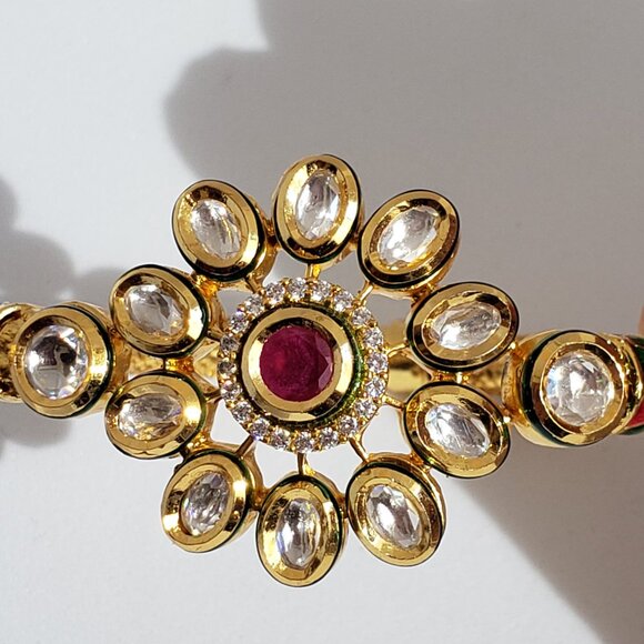 NWOT Statement Bracelet Elegant Kundan Enamel CZ Floral Design Hinged Bangle - Picture 2 of 13